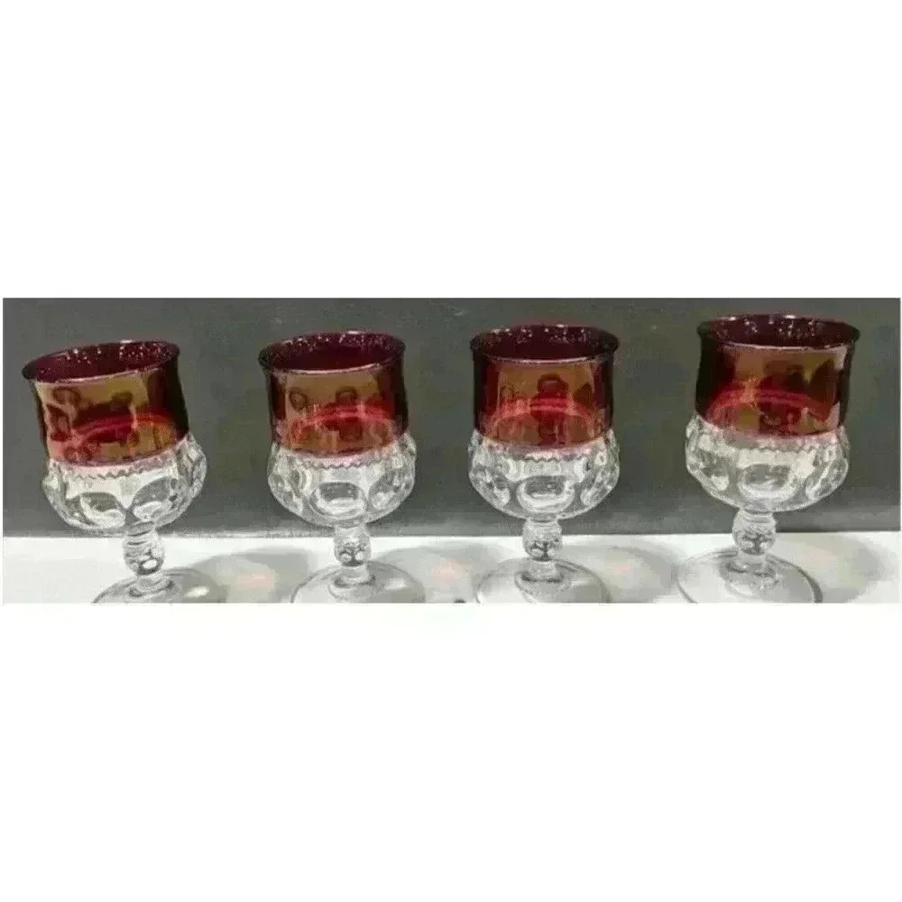 Vintage Tiffin Co Cranberry Kings Crown Glass Goblet & Lunch Plates Set Of 8 - Picture 6 of 6